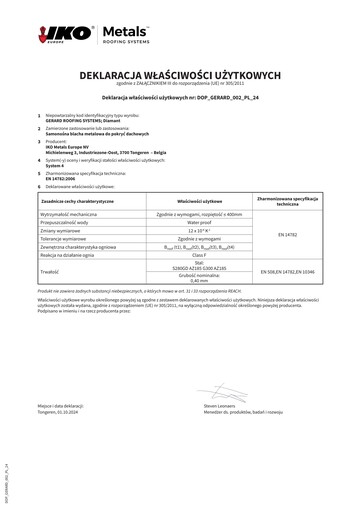 DEKLARACJA WŁAŚCIWOŚCI UŻYTKOWYCH: DIAMANT